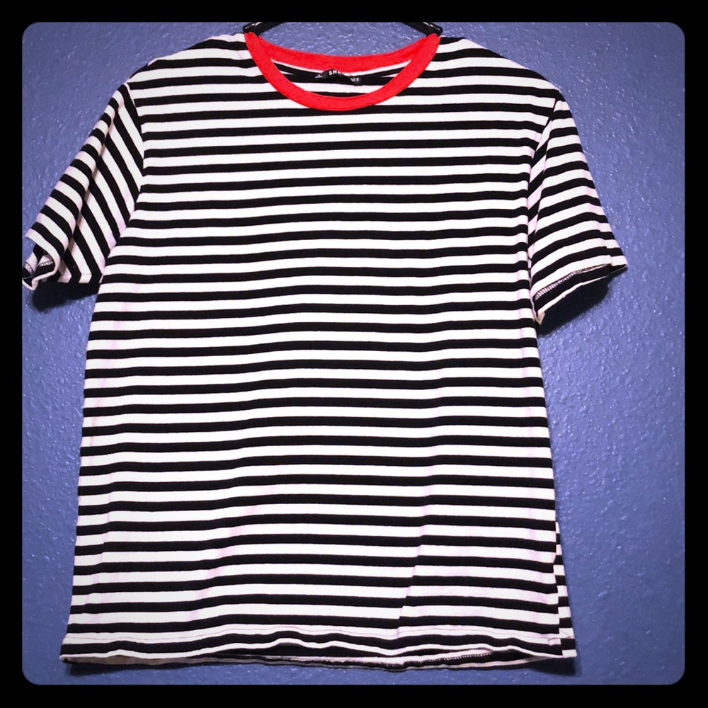 Shein Striped-Tee with Red Neckline